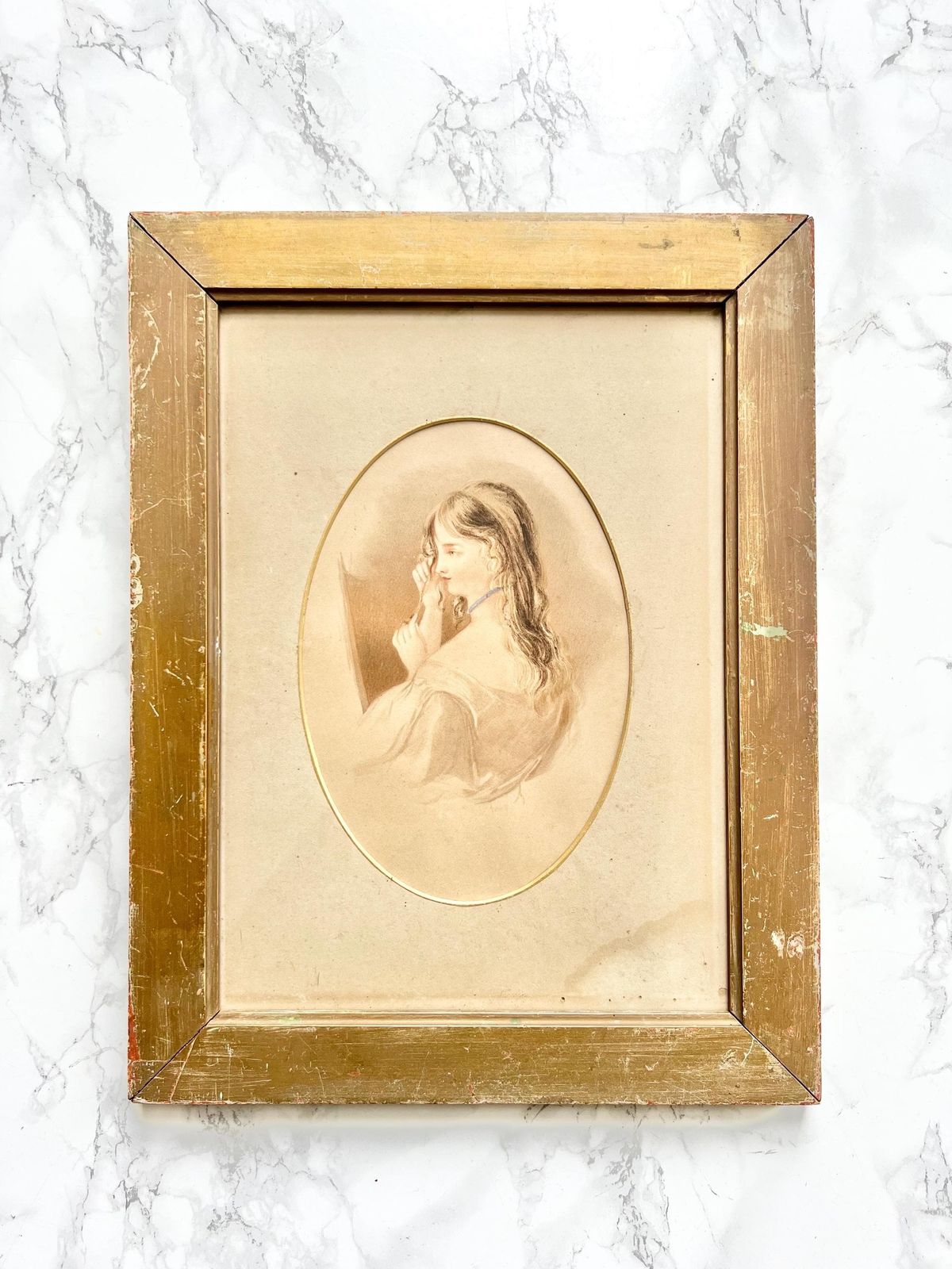 Antique Original Watercolored Pencil Drawing Showing A Victorian Woman   In An Oval View Mount Framed And Glazed