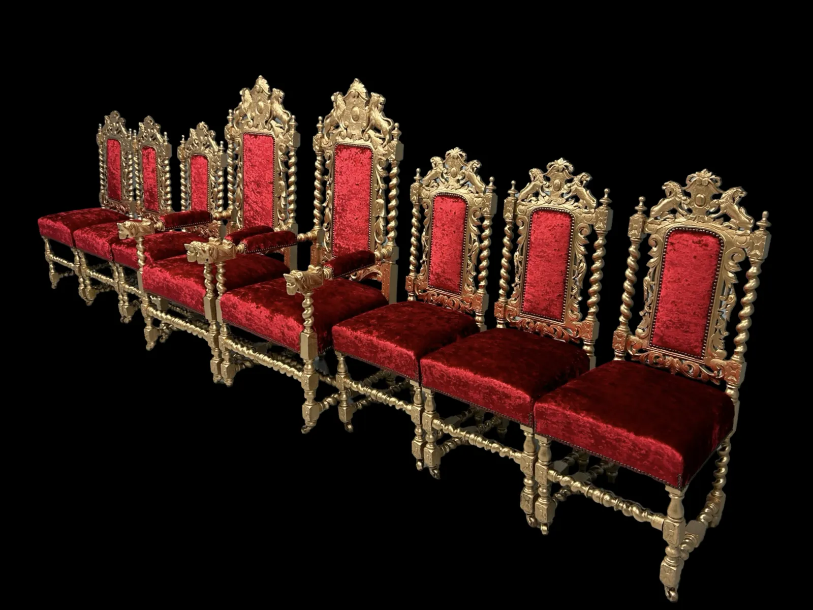 Amazing Beautiful Rare Set Of 8 Antique Victorian Gold & Red Velvet Royal Palace Charles II Style Oak Grand Dining Chairs photo furniture