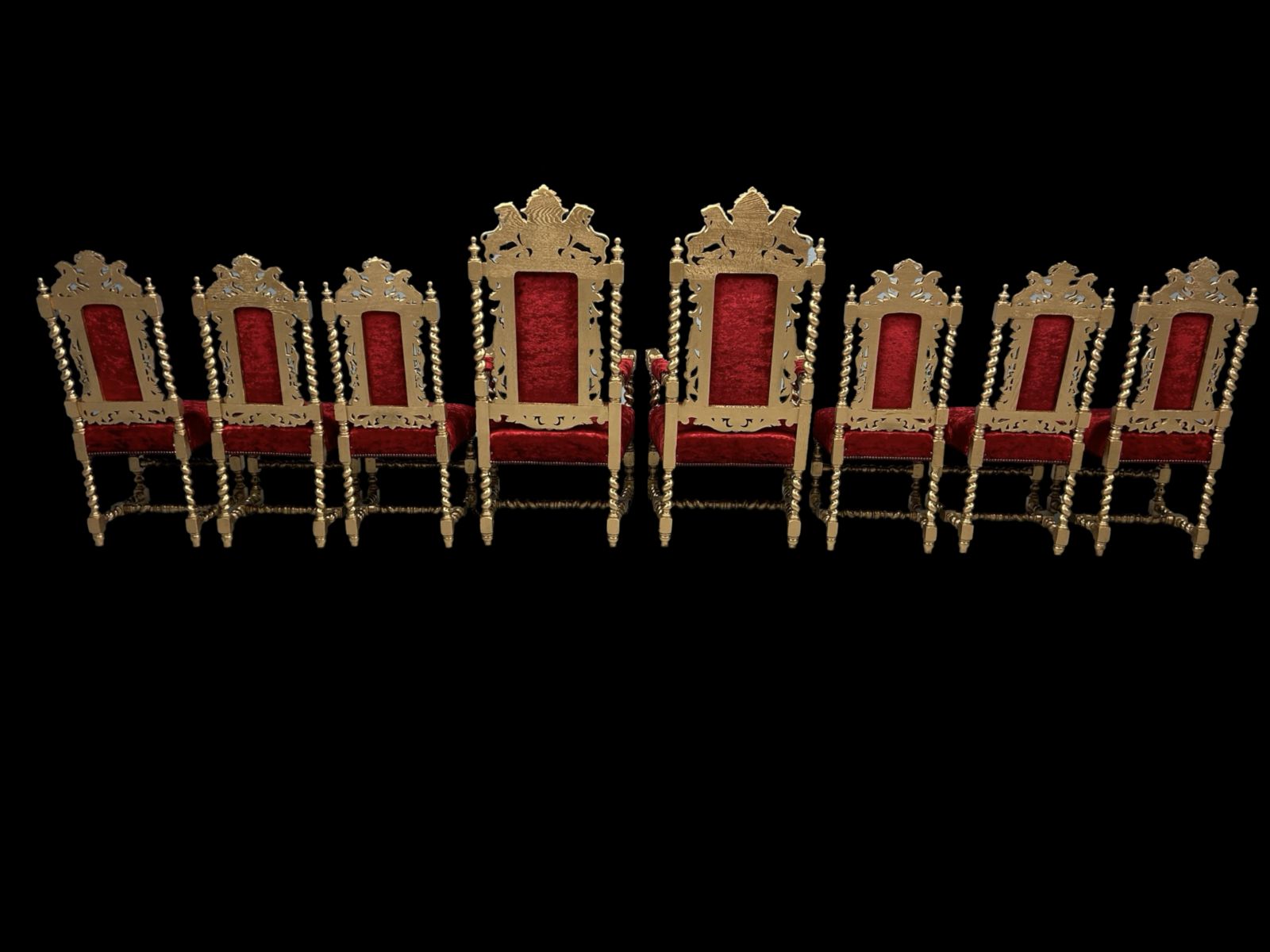 Amazing Beautiful Rare Set Of 8 Antique Victorian Gold & Red Velvet Royal Palace Charles II Style Oak Grand Dining Chairs photo for sale