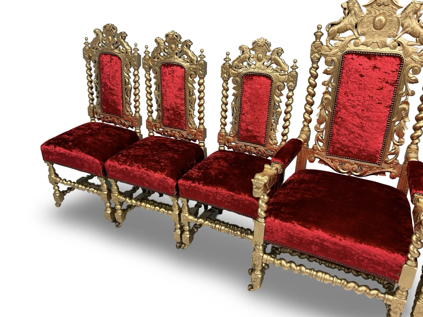3999.0 Amazing Beautiful Rare Set Of 8 Antique Victorian Gold & Red Velvet Royal Palace Charles II Style Oak Grand Dining Chairs photo