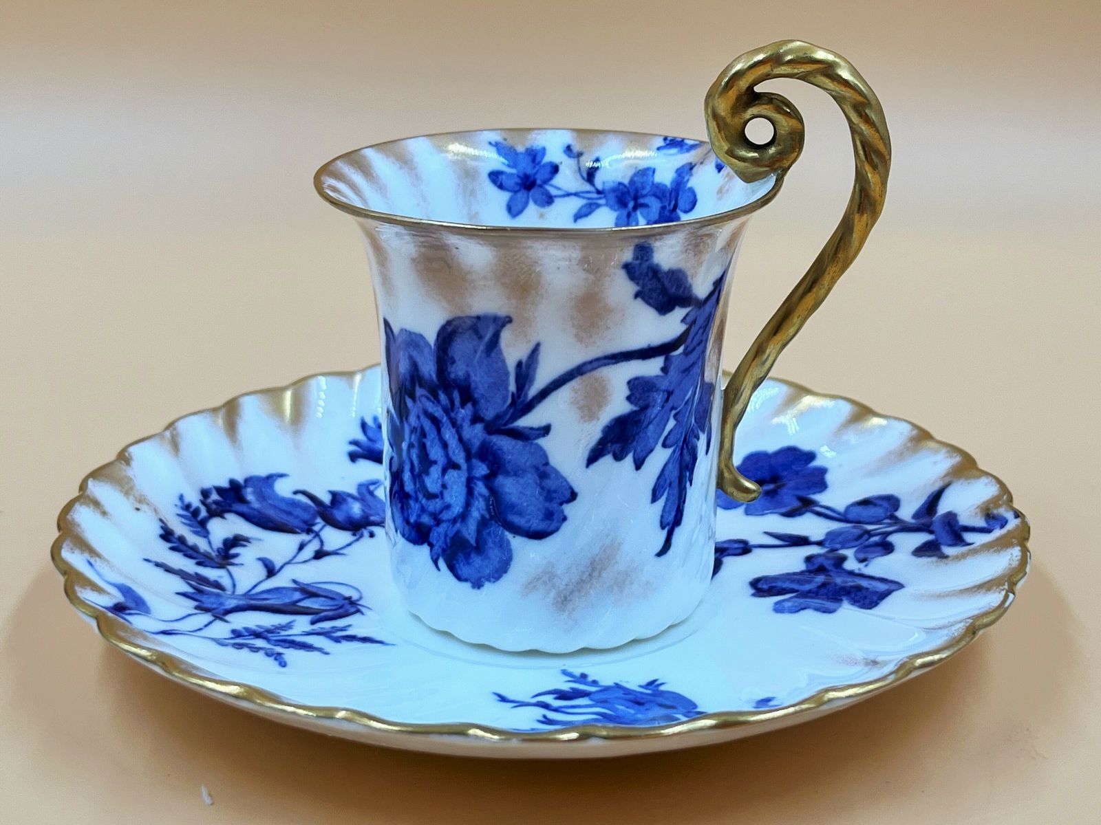 Antique Bishop & Stonier Porcelain Flow Blue And Gold Fluted Demitasse / Chocolate Cup And Saucer Duo. 7611h. C1880. photo vinterior