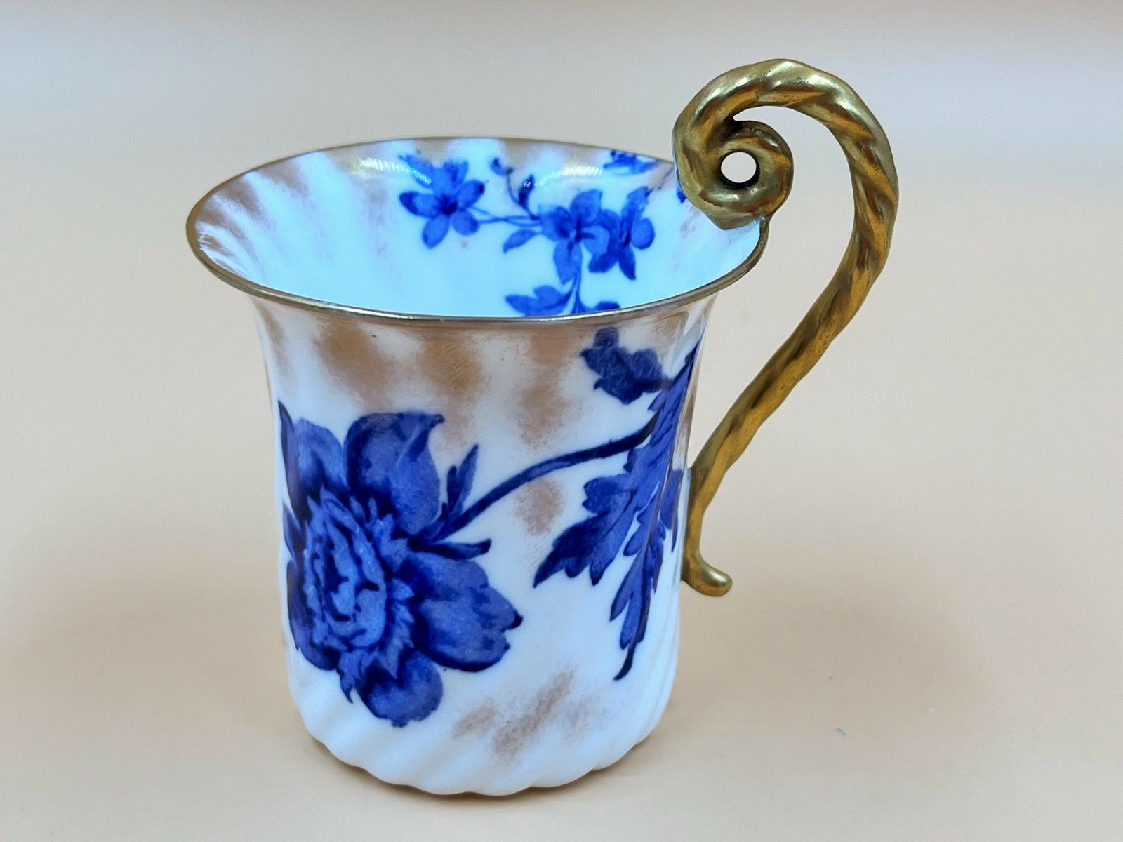 photo for sale Antique Bishop & Stonier Porcelain Flow Blue And Gold Fluted Demitasse / Chocolate Cup And Saucer Duo. 7611h. C1880.