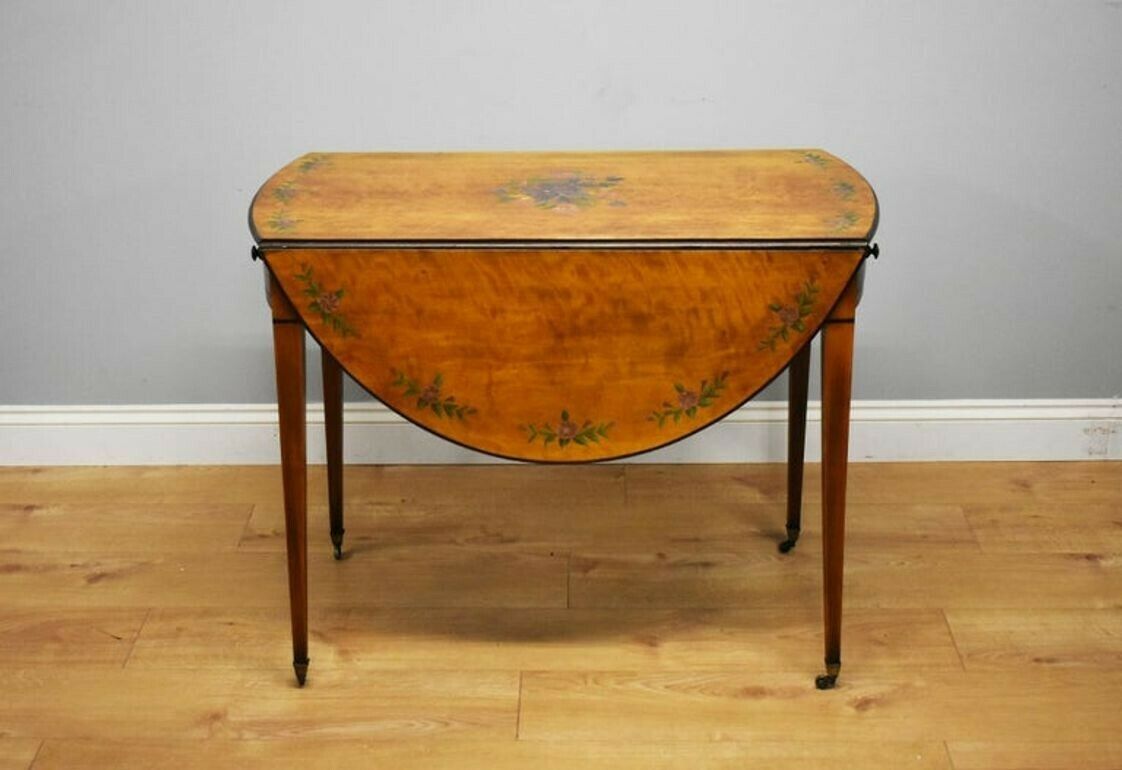 20th Century Edwardian Mahogany Hand Painted Satinwood Pembroke Table photo Furniture