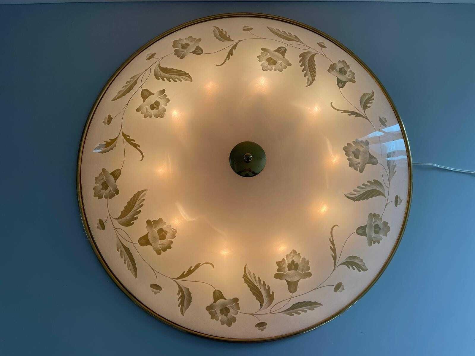 Mid Century Brass And Glass With Flower Motifs Xxl Casino Flush Mount Light, 40s/50s, Italy photo Lighting