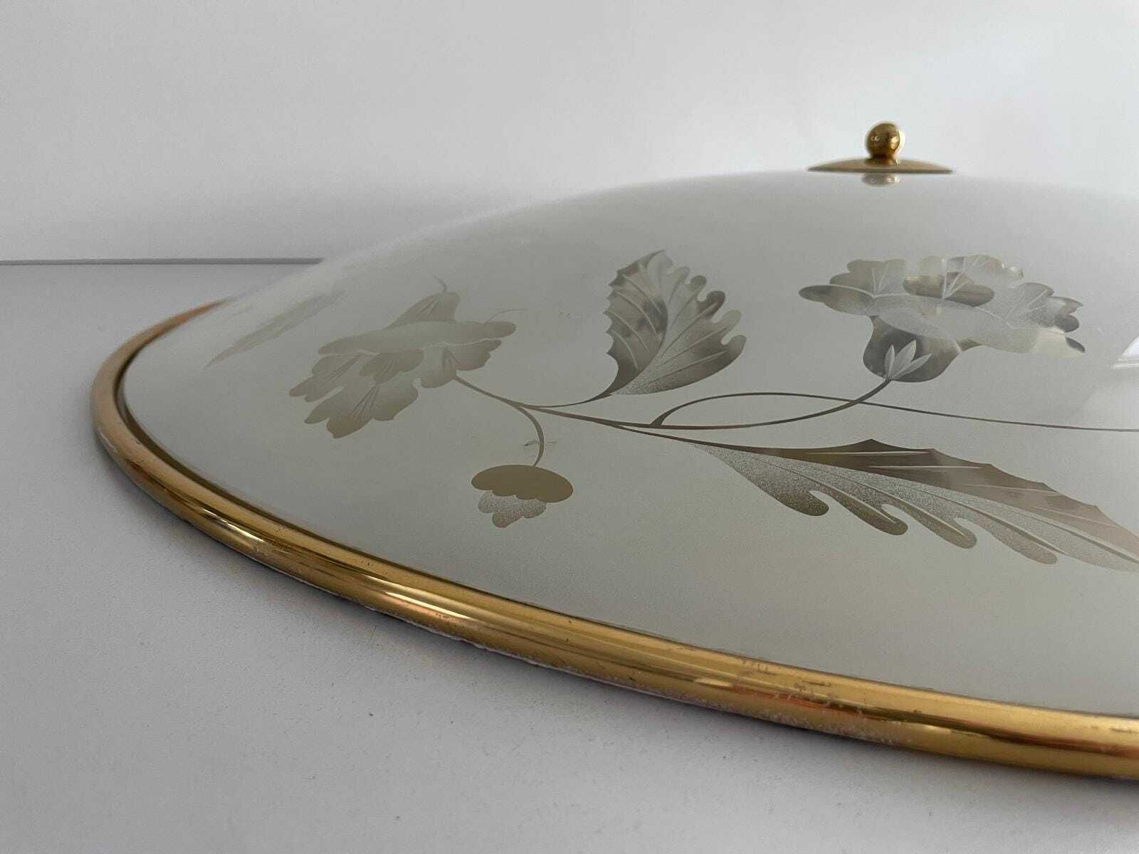 Mid Century Brass And Glass With Flower Motifs Xxl Casino Flush Mount Light, 40s/50s, Italy photo vintage
