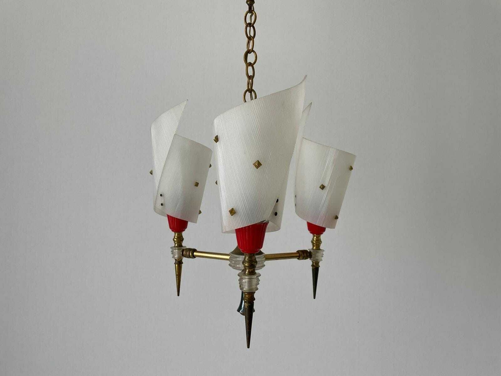 Torch Design Plexiglass And Brass 3 Arm Pendant Lamp By Pierre Guariche, 1950s, France photo furniture
