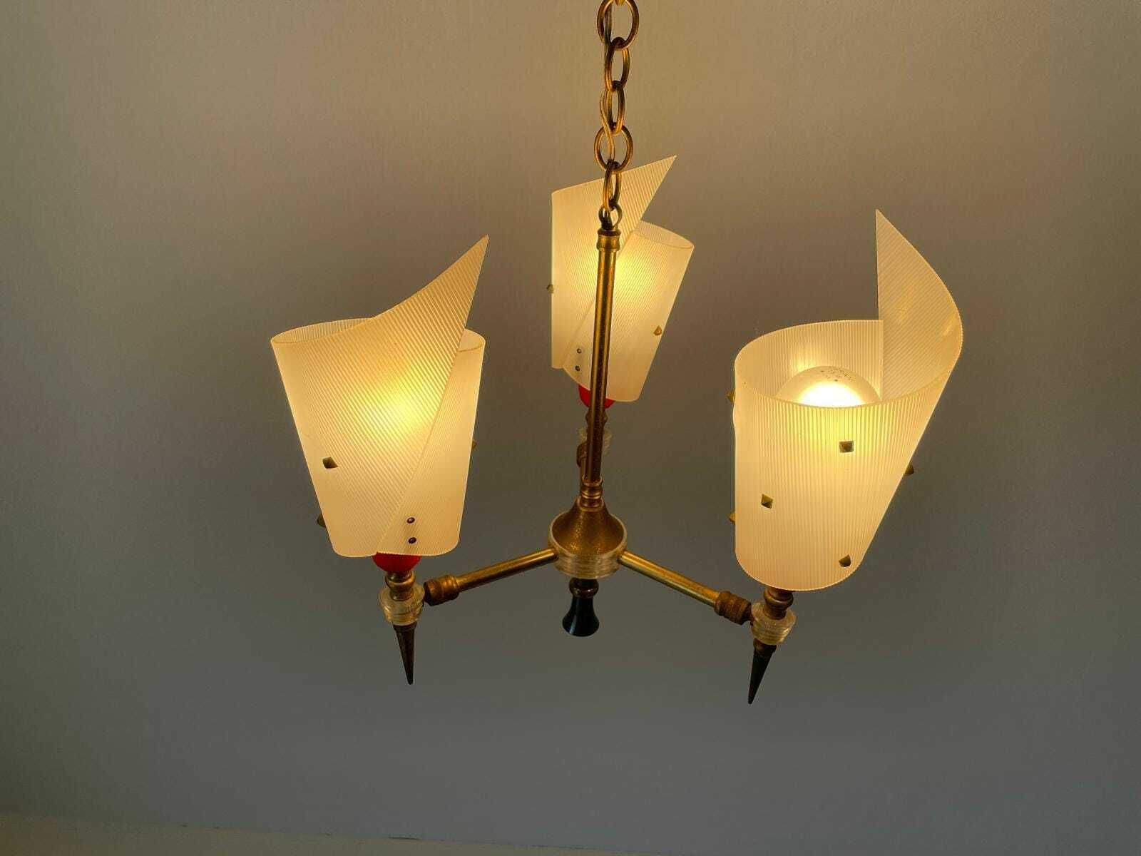 Torch Design Plexiglass And Brass 3 Arm Pendant Lamp By Pierre Guariche, 1950s, France photo 1298.0