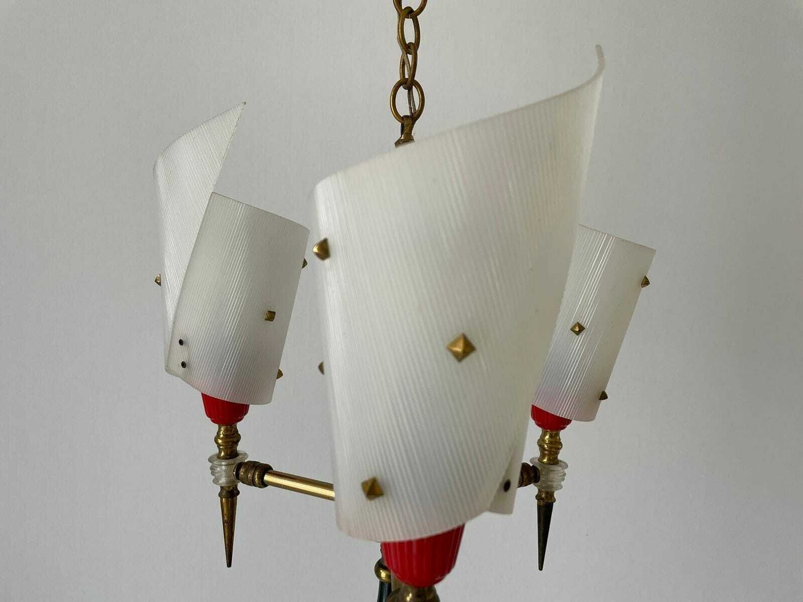 Torch Design Plexiglass And Brass 3 Arm Pendant Lamp By Pierre Guariche, 1950s, France photo vinterior