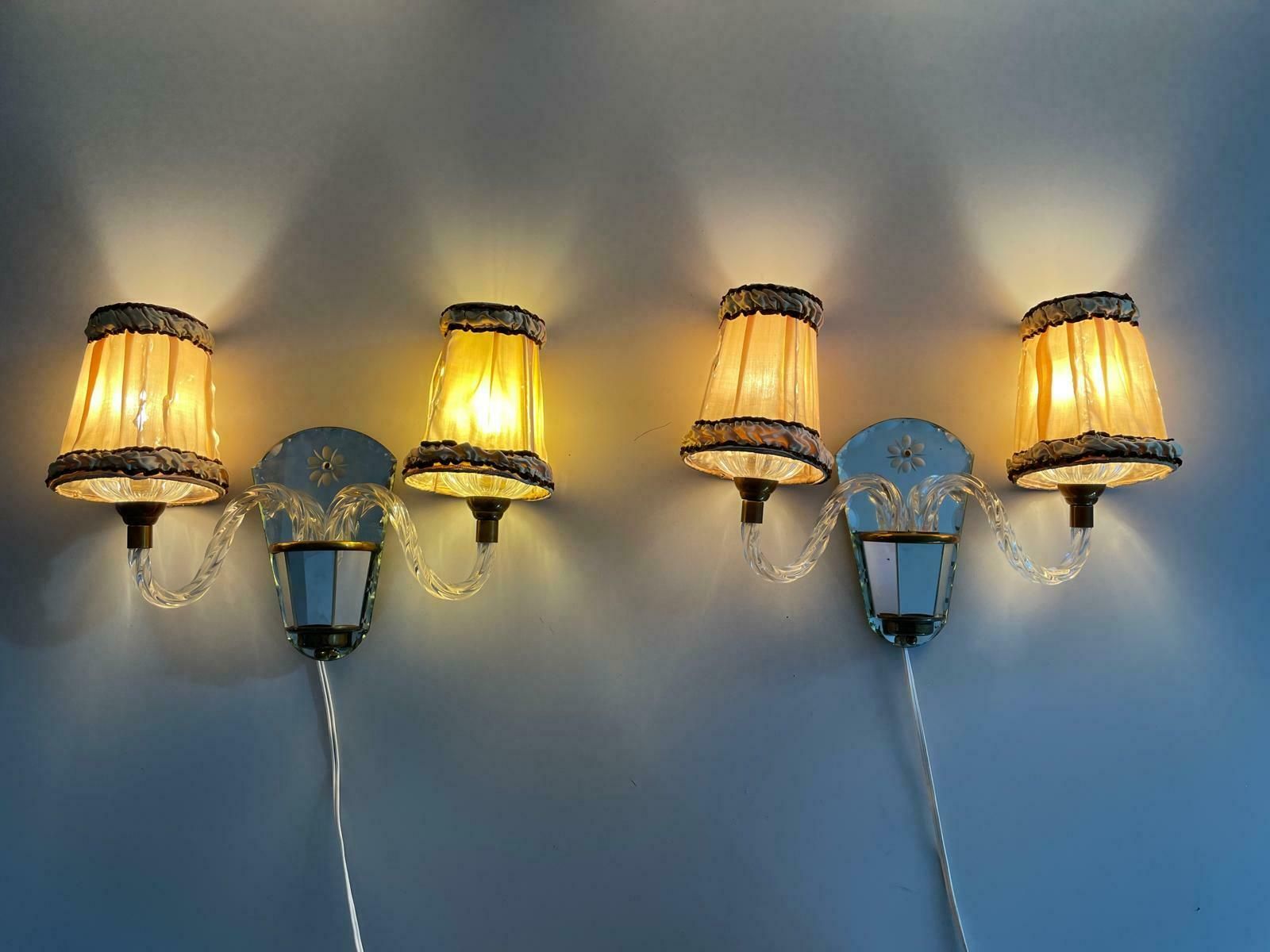 Art Deco 2 Arm Glass & Brass Pair Of Sconces With Fabric Shades, 1940s, France photo 1405.0