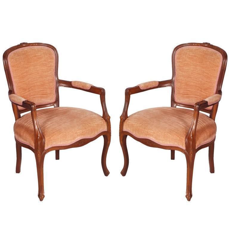 Early 20th Century Pair Art Nouveau Armchairs Hand Carved Walnut Original Velvet