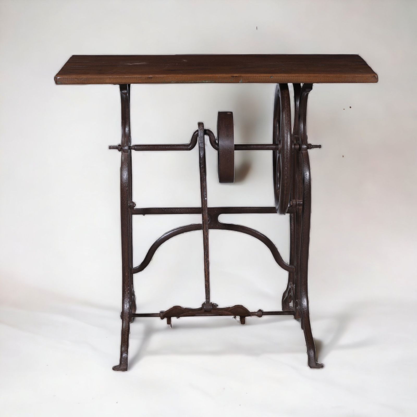 photo vinterior Upcycled Wheeler & Wilson Sewing Machine Table – 1800s Cast Iron Base With Reclaimed Teak Top
