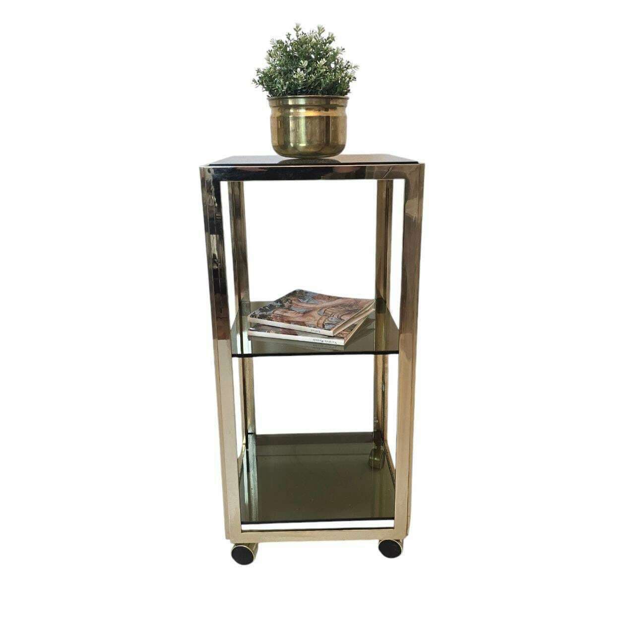 Vintage Mid Century Modern Brass And Smoky Glass Troley Rack Made In Italy 80s photo furniture