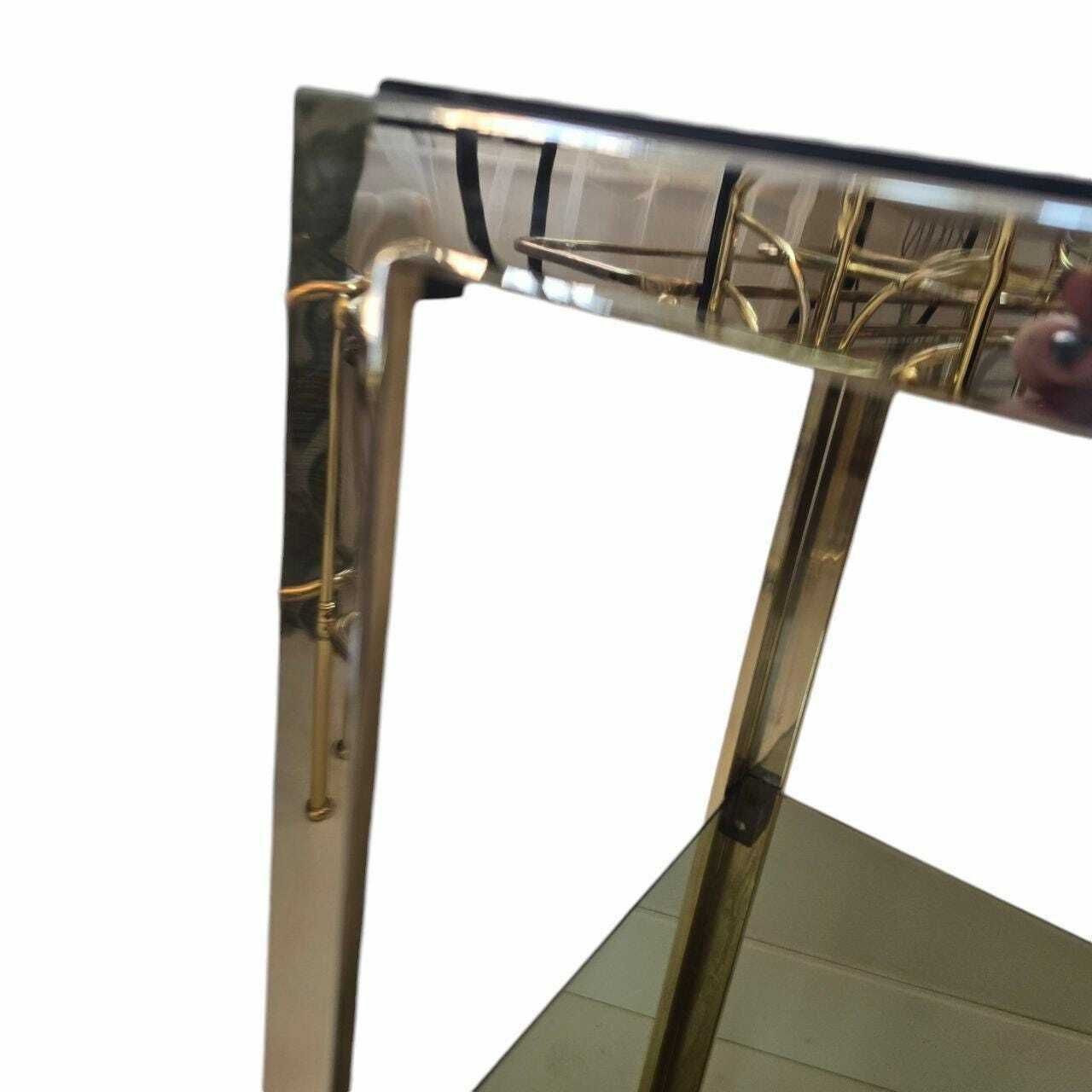 Vintage Mid Century Modern Brass And Smoky Glass Troley Rack Made In Italy 80s photo for sale