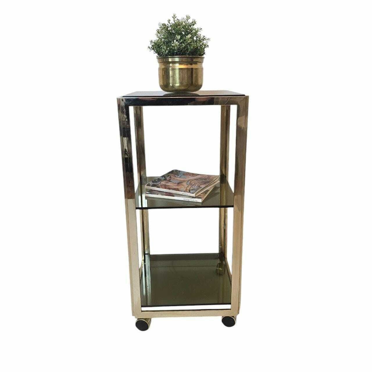 Vintage Mid Century Modern Brass And Smoky Glass Troley Rack Made In Italy 80s photo vintage
