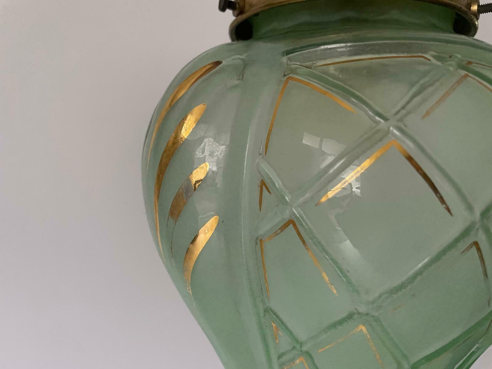French Green Art Deco Glass Ceiling Lamp, 1940s, France photo vintage