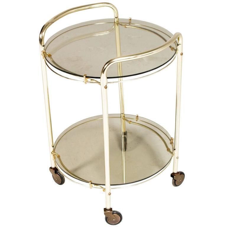 Mid Century Modern Italian Brass And Smoked Crystal Bar Cart