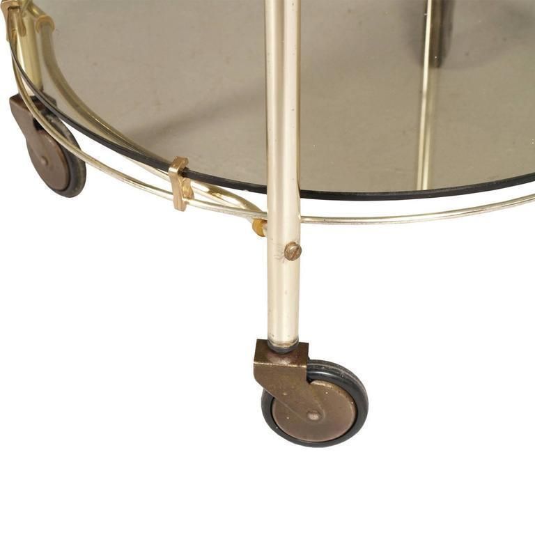 Mid Century Modern Italian Brass And Smoked Crystal Bar Cart photo for sale