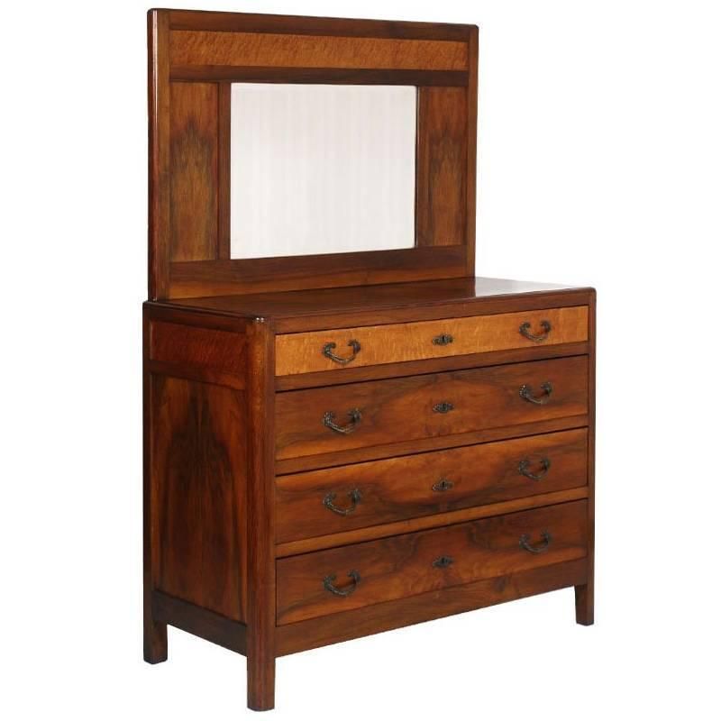 Art Deco 1920s Commode Dresser Mirrored, Solid Walnut And Burl Walnut, Sanitized And Wax Polished