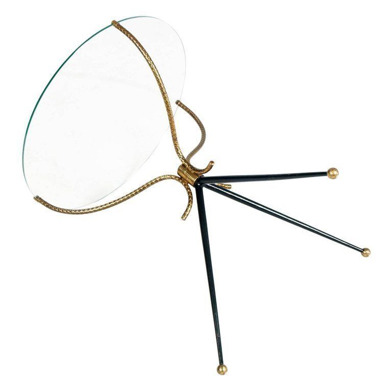 1930s Gio Ponti Style Tripod Coffee Table, Gilt And Lacquered Brass, Cristal Top photo for sale