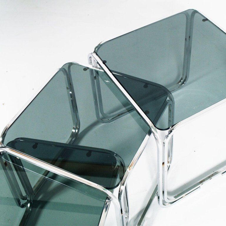 1950s Glass And Chromed Tubular Steel Nest Coffee Tables, Marcel Breuer Style photo for sale