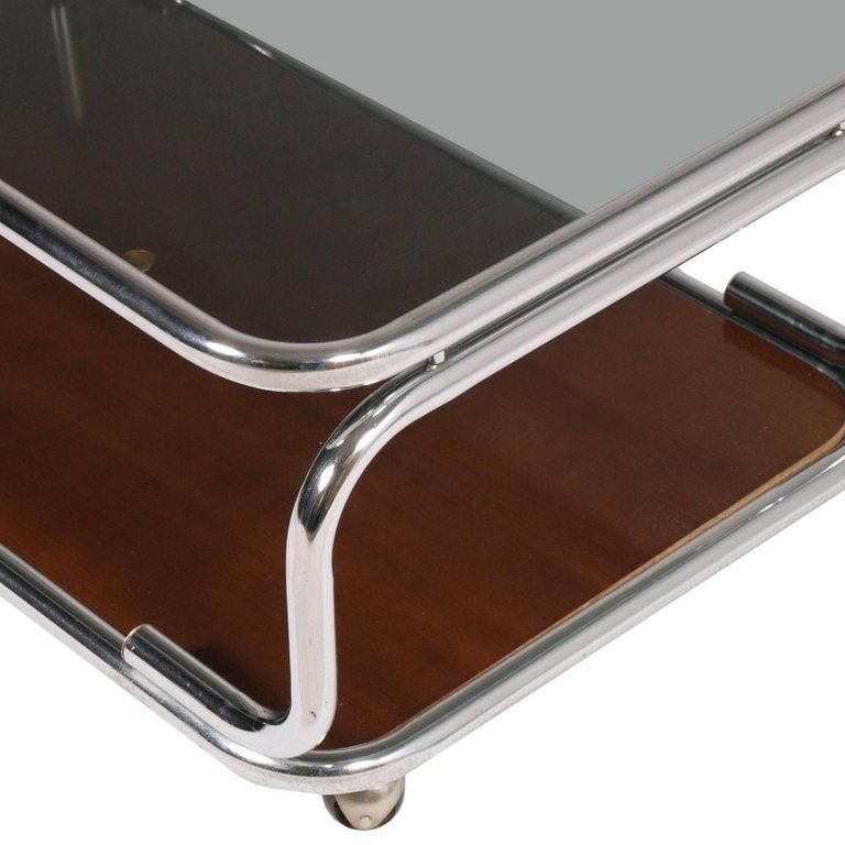 1960s Chrome Serving Trolley Coffee Table Smoked Glass Top & Faux Laminated Wood photo furniture
