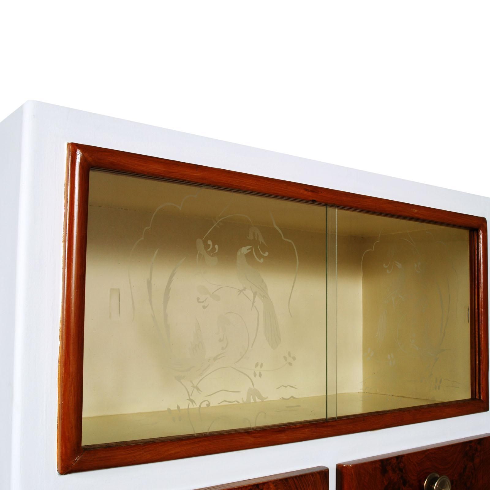 Art Deco Midcentury Credenza Display Cabinet White Lacquered Hand Decorated Wood photo for sale