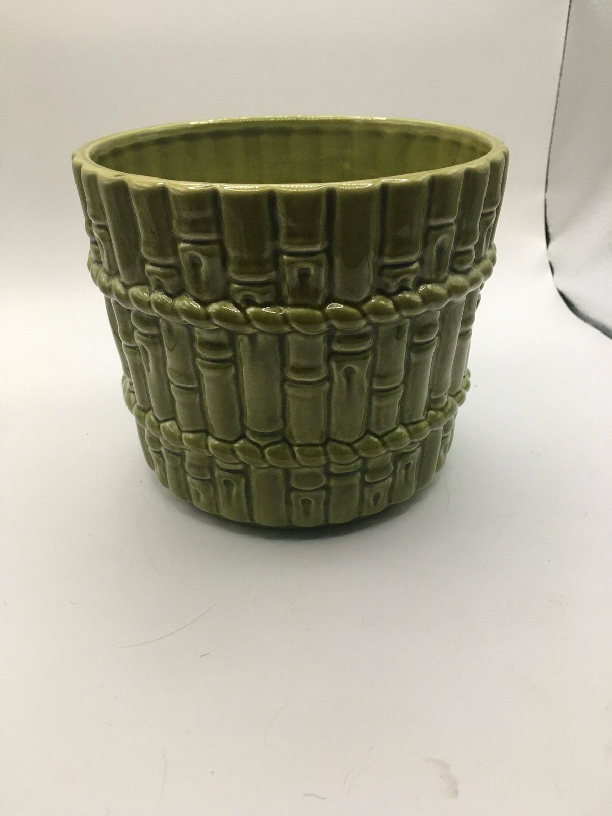 Sage Green Plant Pot. Rare 1980's Casa Pupo Bamboo Patterned Planter. Green Glaze Ceramic Bamboo Relief Design. Great Vintage Condition. photo Home Decor