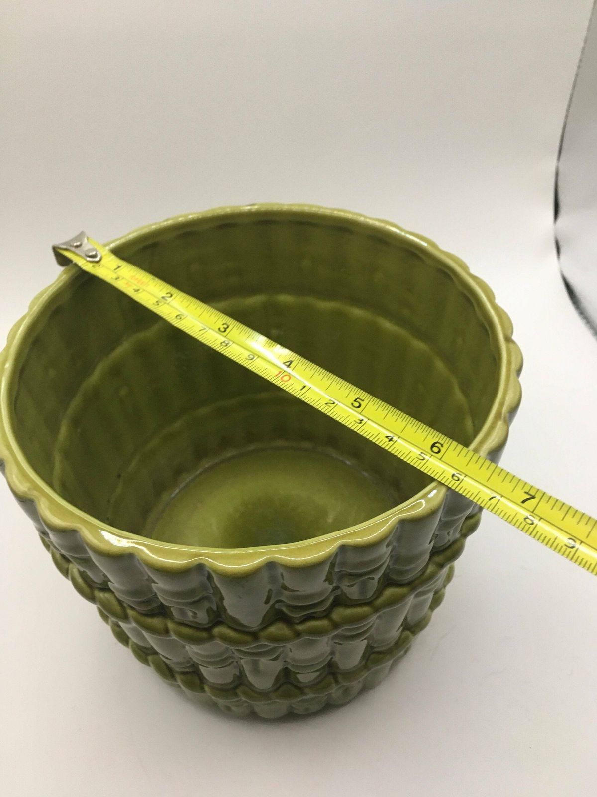 Sage Green Plant Pot. Rare 1980's Casa Pupo Bamboo Patterned Planter. Green Glaze Ceramic Bamboo Relief Design. Great Vintage Condition. photo 79.0