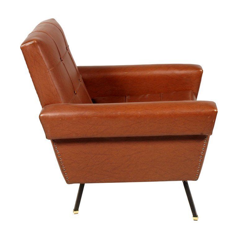 Italy 1960s Cubist Armchairs, Iron Legs, Faux Leather Quilted Upholstery photo Furniture