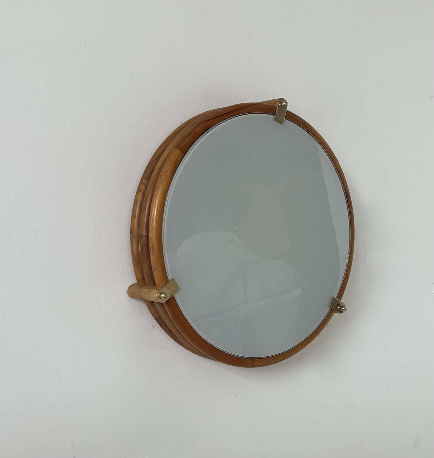 Vintage Round Wall Light, Wood, Glass And Brass, France 1980 photo buy