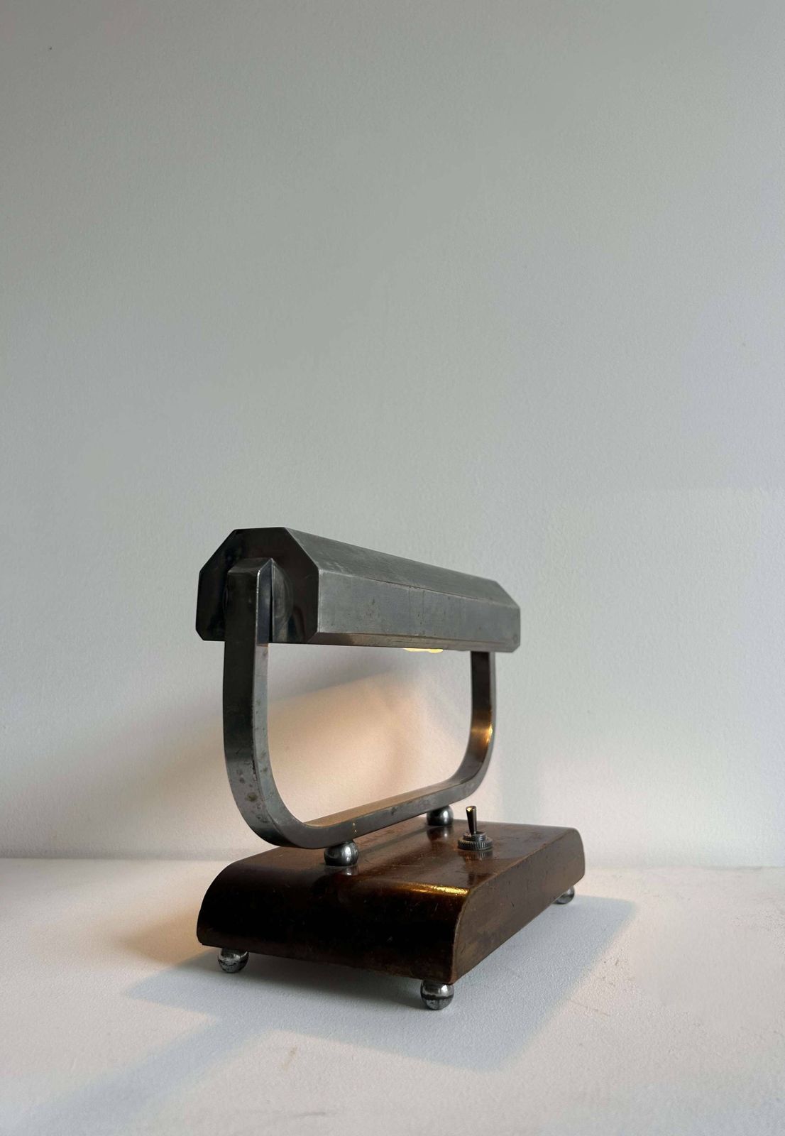 Modernist Art Deco Desk Lamp In Chromed Metal And Wood, France 1930 photo furniture