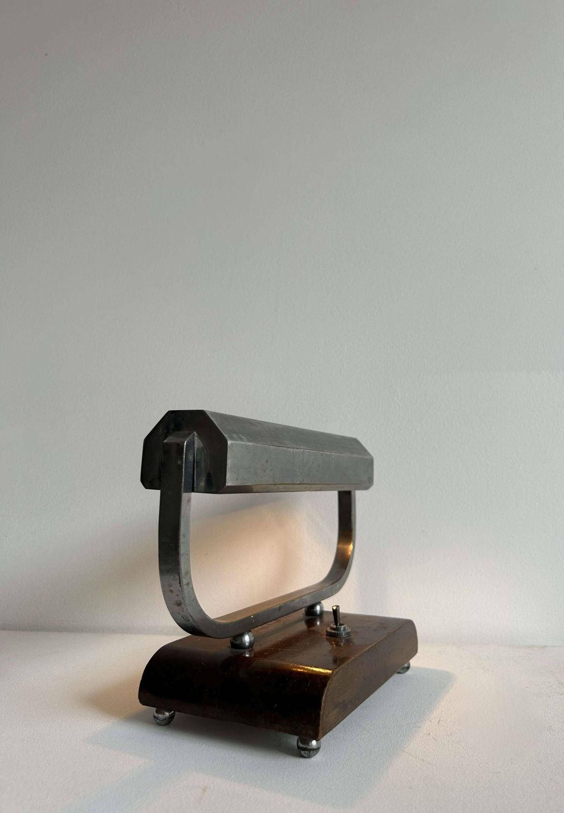 Modernist Art Deco Desk Lamp In Chromed Metal And Wood, France 1930 photo for sale