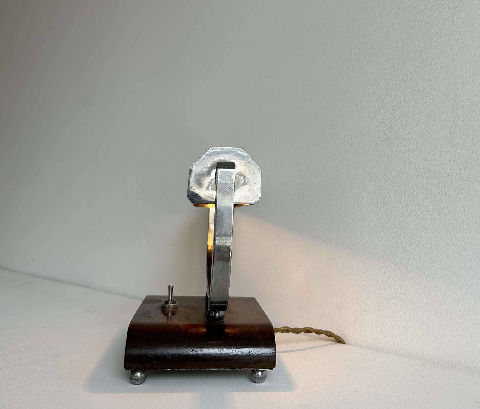 photo for sale Modernist Art Deco Desk Lamp In Chromed Metal And Wood, France 1930