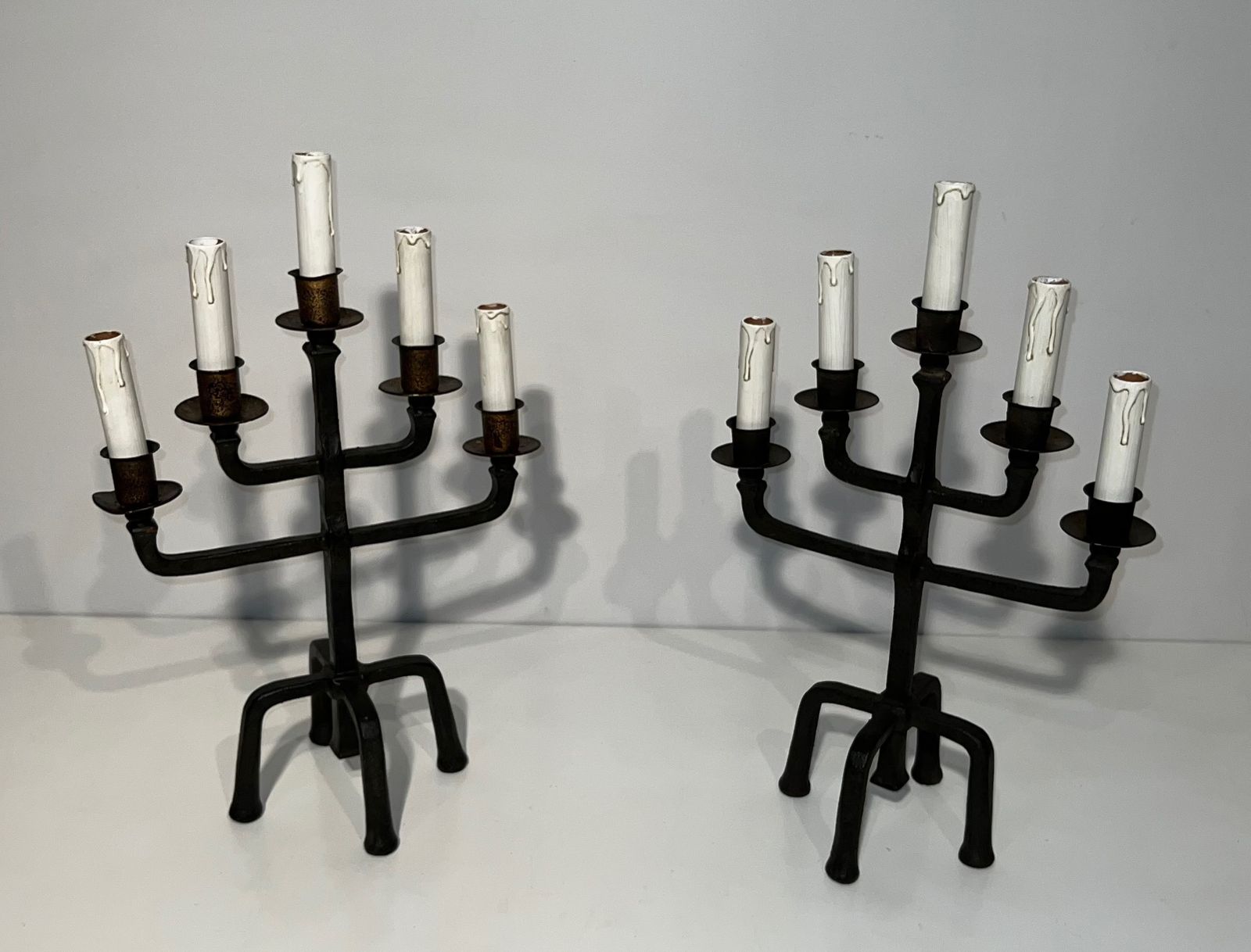 Pair Of Wrought Iron Candelabra With 5 Light Arms