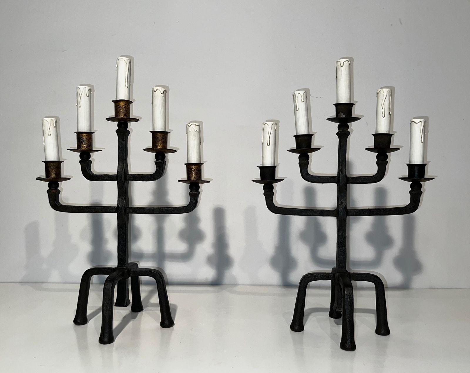 Pair Of Wrought Iron Candelabra With 5 Light Arms photo for sale