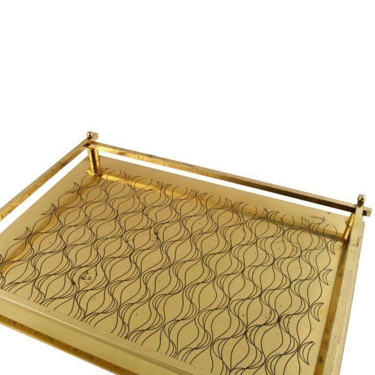 Art Deco Italian Tray Table In Golden Metal Decorated With Geometric Shapes photo furniture