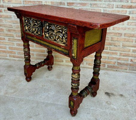 Red Lacquered Console Table With Gilt Accents And Carved Apron, 1940s photo furniture