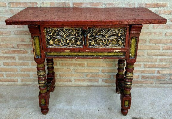 Red Lacquered Console Table With Gilt Accents And Carved Apron, 1940s photo buy