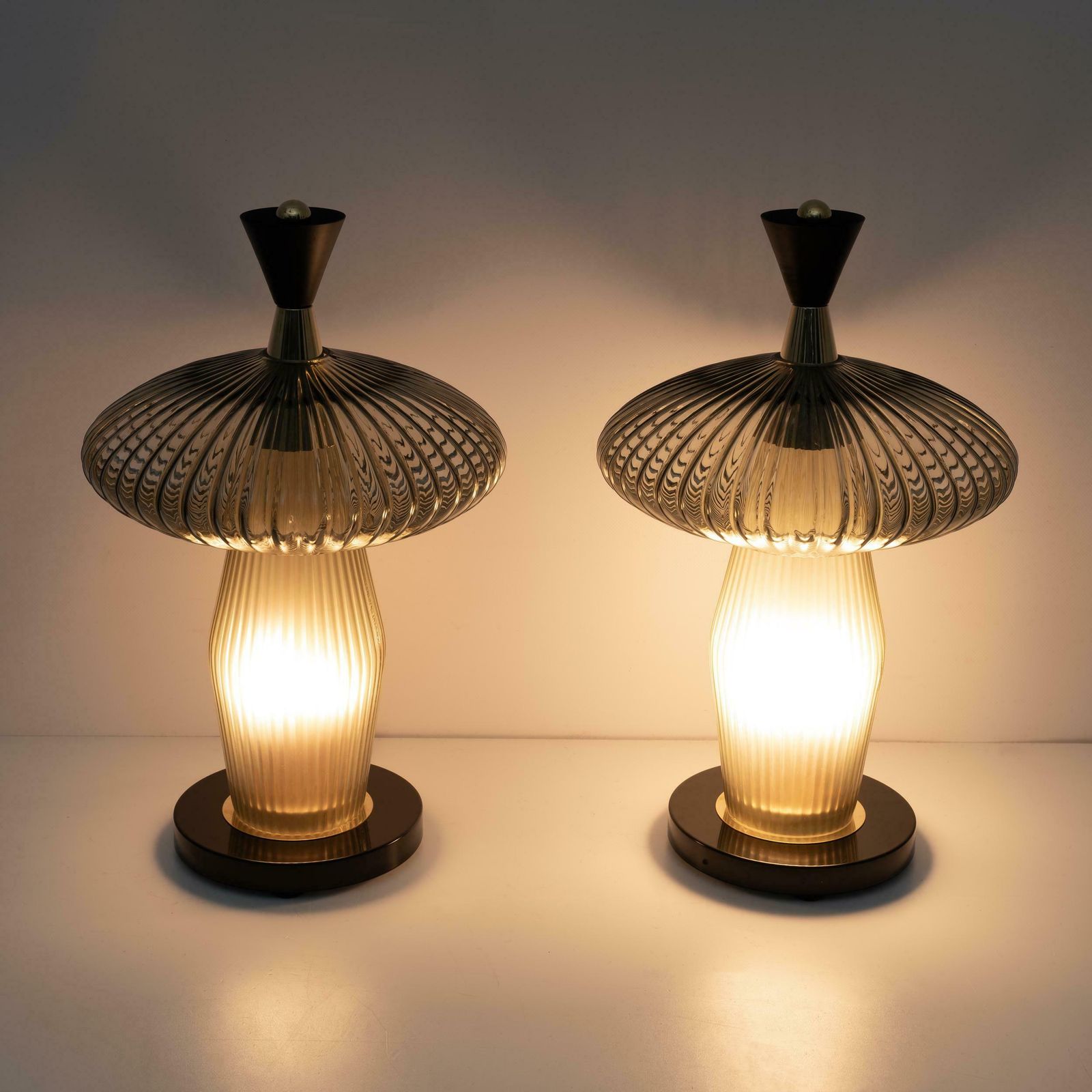 Pair Of Mushroom Shaped Table Lamps Murano Glass And Brass Feng Shui Style photo furniture
