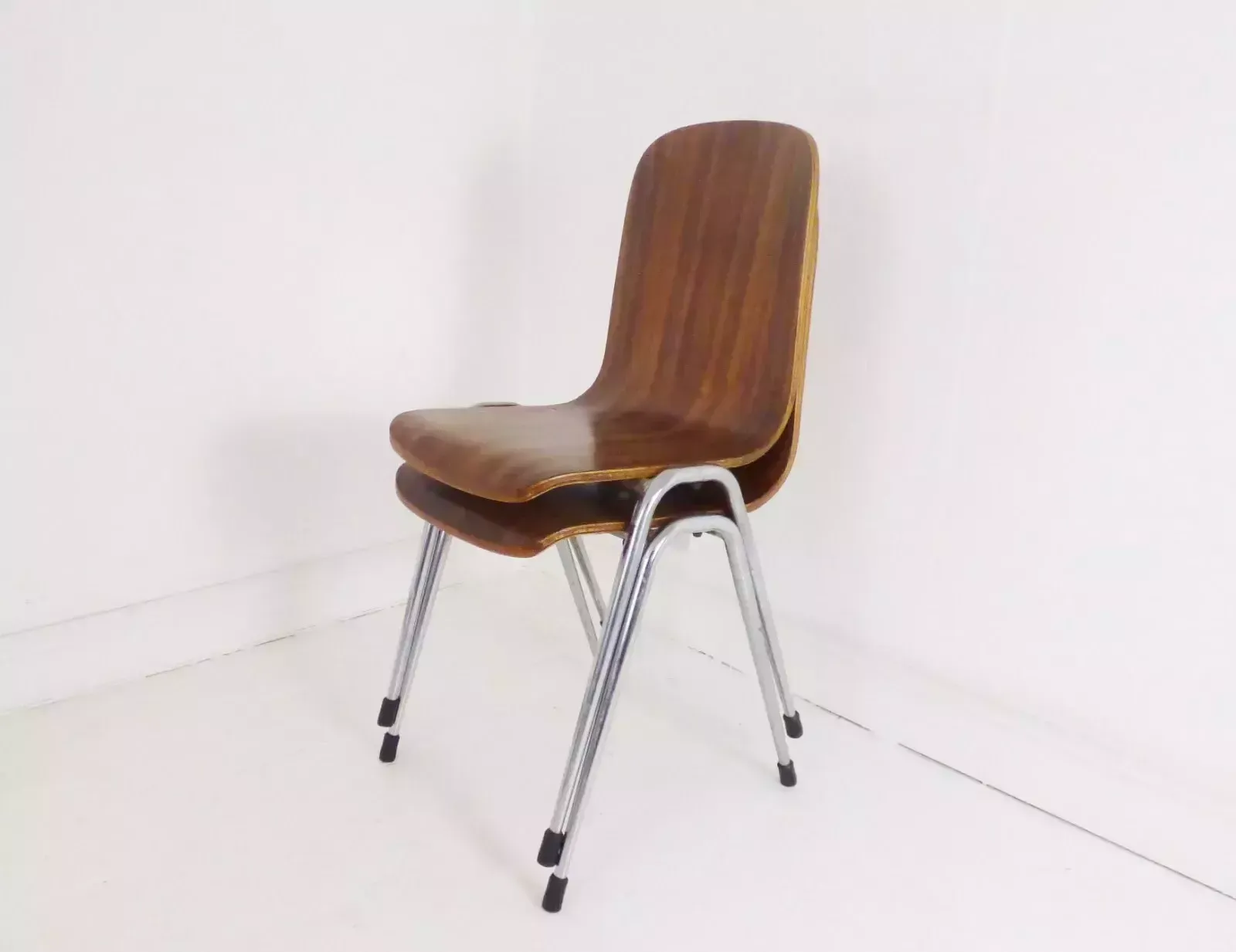 Stunning Pair Of Vintage Neil Morris Walnut & Teak Plywood Toby Stacking Chairs photo Furniture
