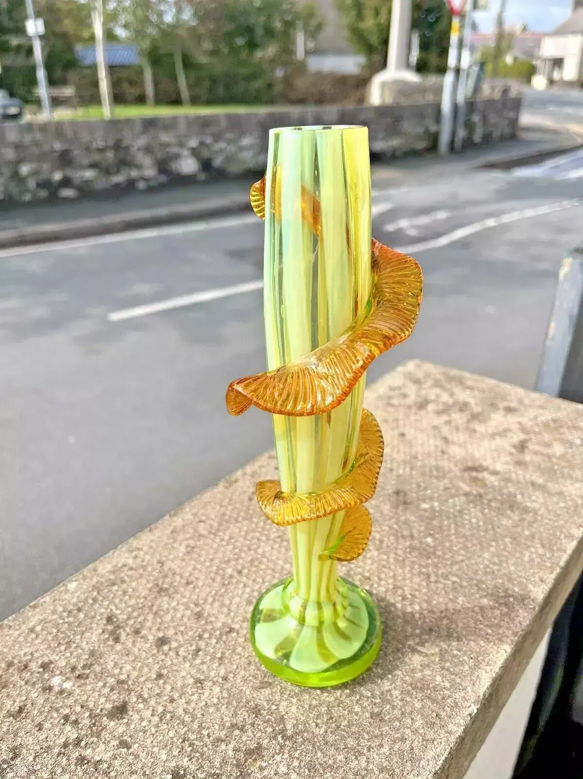 Antique Uranium Glass Opalescent Pin Striped Amber Rigaree Bud Vase Harrach Welz photo for sale