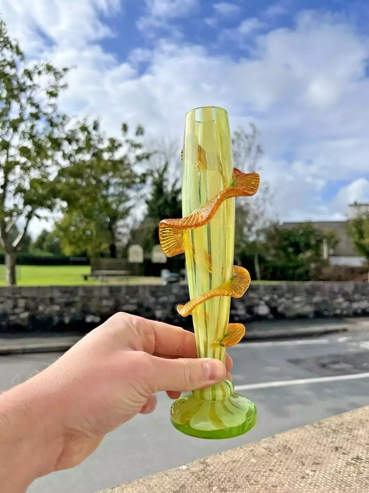 Antique Uranium Glass Opalescent Pin Striped Amber Rigaree Bud Vase Harrach Welz photo Home Decor