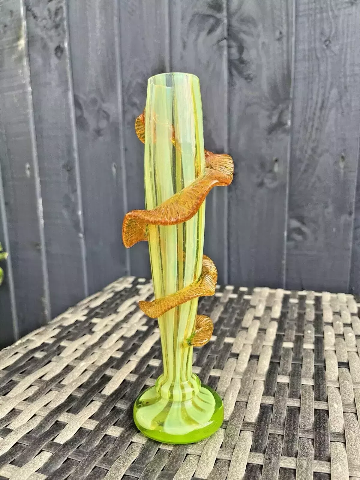Antique Uranium Glass Opalescent Pin Striped Amber Rigaree Bud Vase Harrach Welz photo buy
