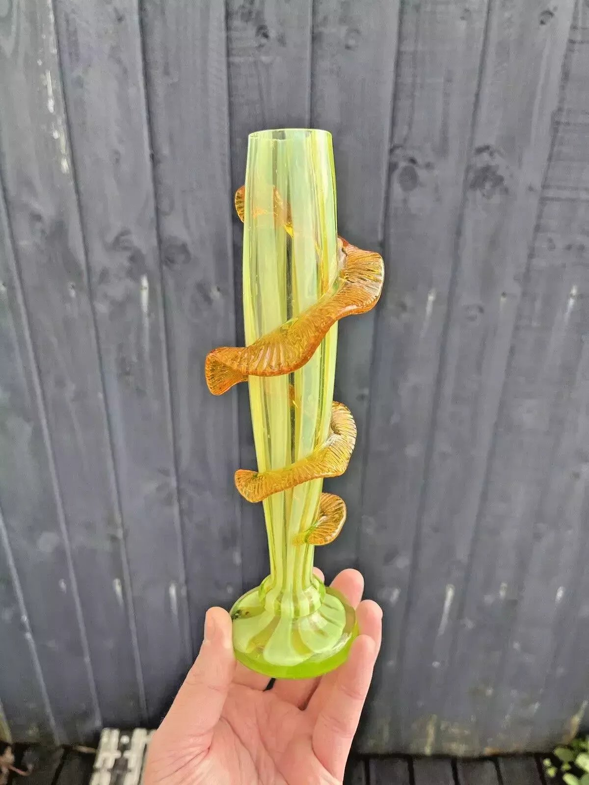 photo furniture Antique Uranium Glass Opalescent Pin Striped Amber Rigaree Bud Vase Harrach Welz