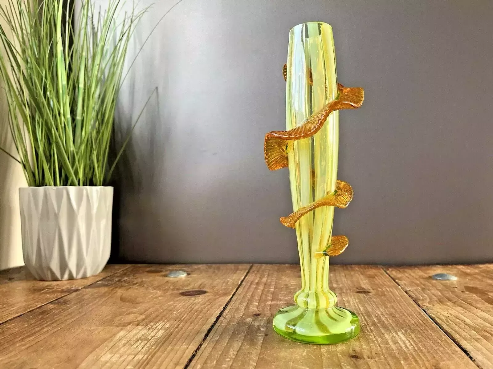 Home Decor Antique Uranium Glass Opalescent Pin Striped Amber Rigaree Bud Vase Harrach Welz photo