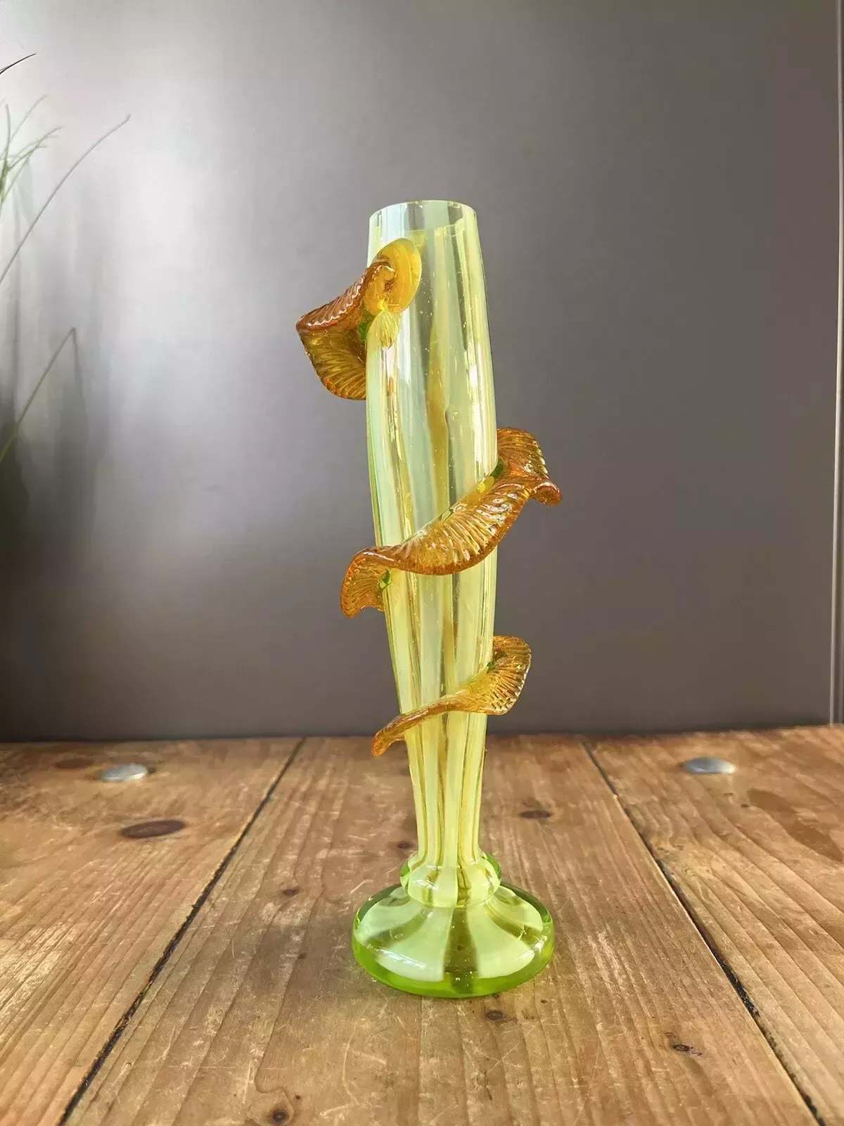 photo buy Antique Uranium Glass Opalescent Pin Striped Amber Rigaree Bud Vase Harrach Welz