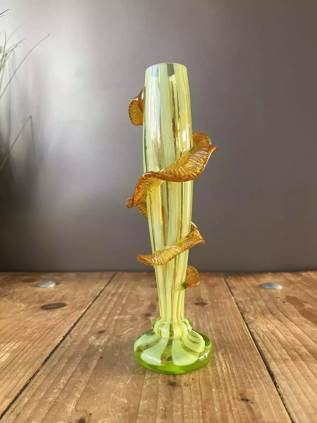 photo vintage Antique Uranium Glass Opalescent Pin Striped Amber Rigaree Bud Vase Harrach Welz
