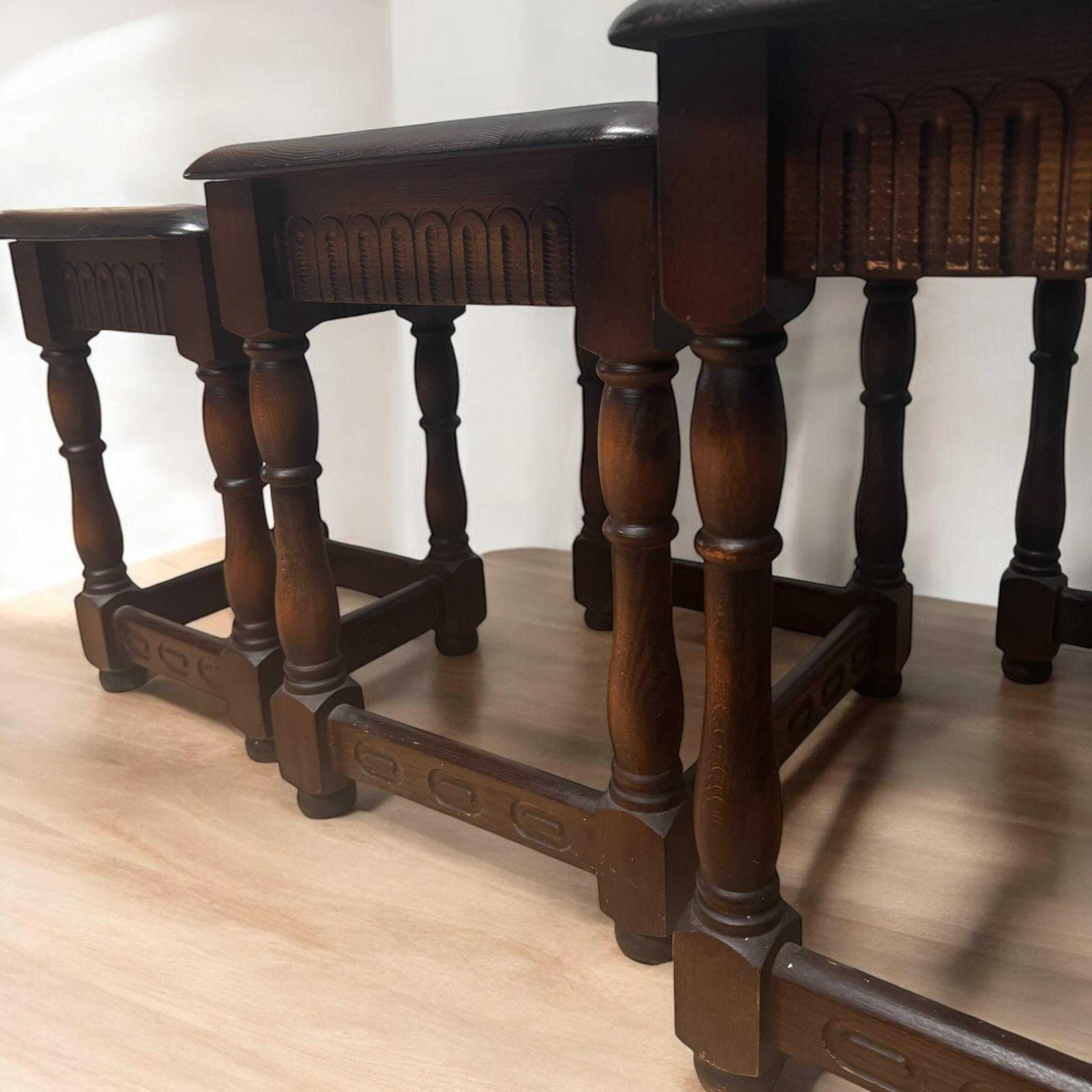 Vintage Priory Oak Tudor Style Nest Of 3 Tables / Dark Brown C1960 photo for sale