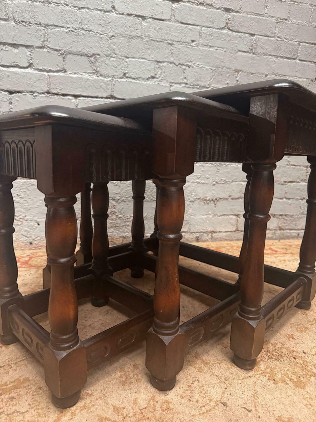 Vintage Priory Oak Tudor Style Nest Of 3 Tables / Dark Brown C1960 photo buy