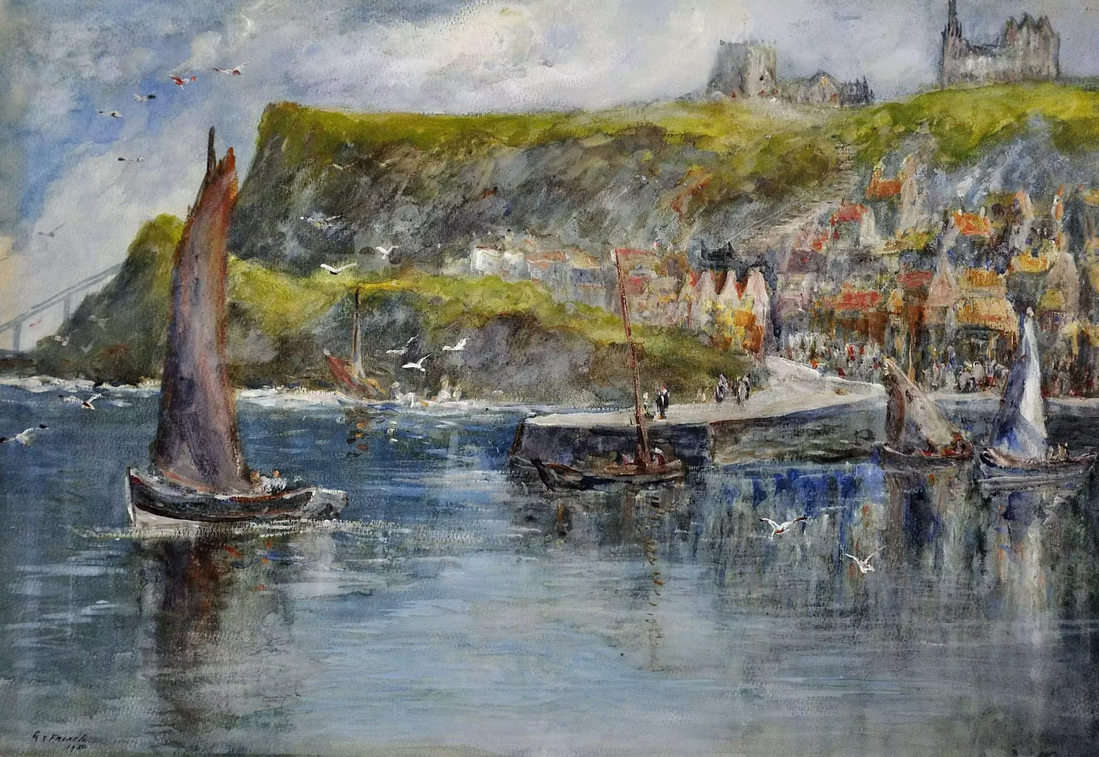 George Scarth French 1859 To 1946. English. Tate Hill Pier, Whitby, 1930. Framed Watercolour Painting. Synonymous With Bram Stoker’s Dracula. photo furniture
